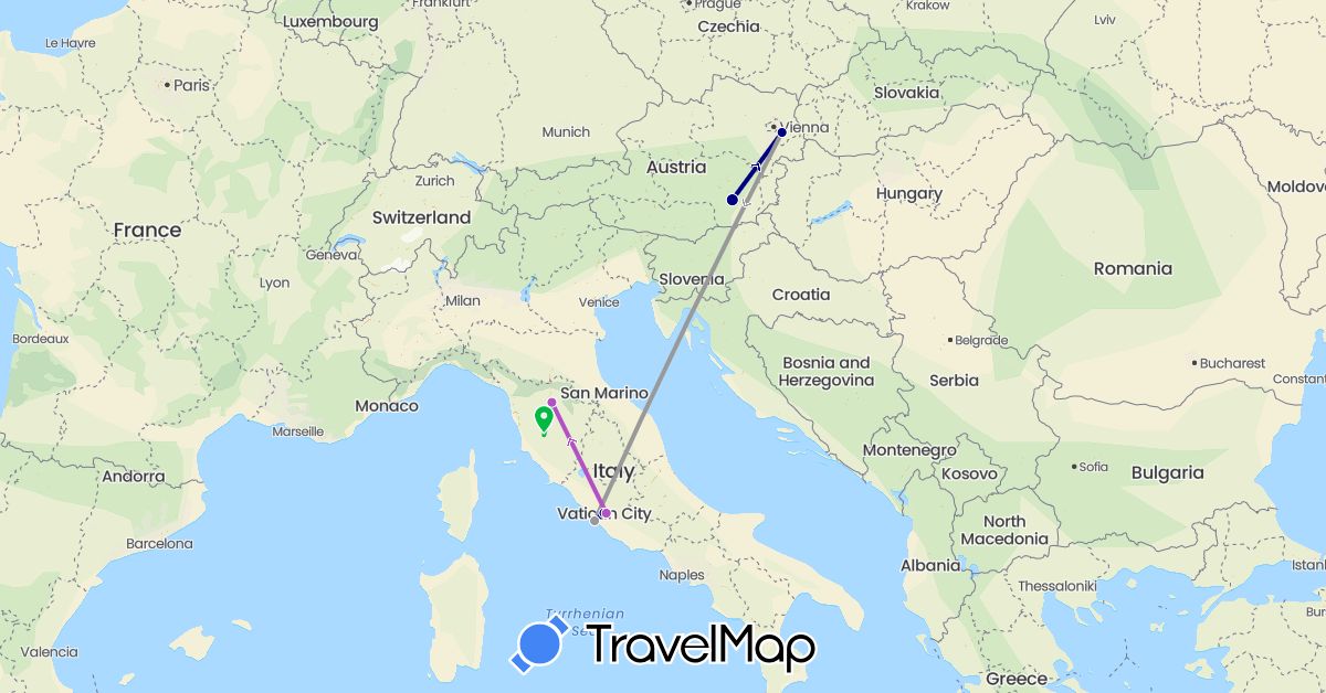 TravelMap itinerary: driving, bus, plane, train in Austria, Italy (Europe)